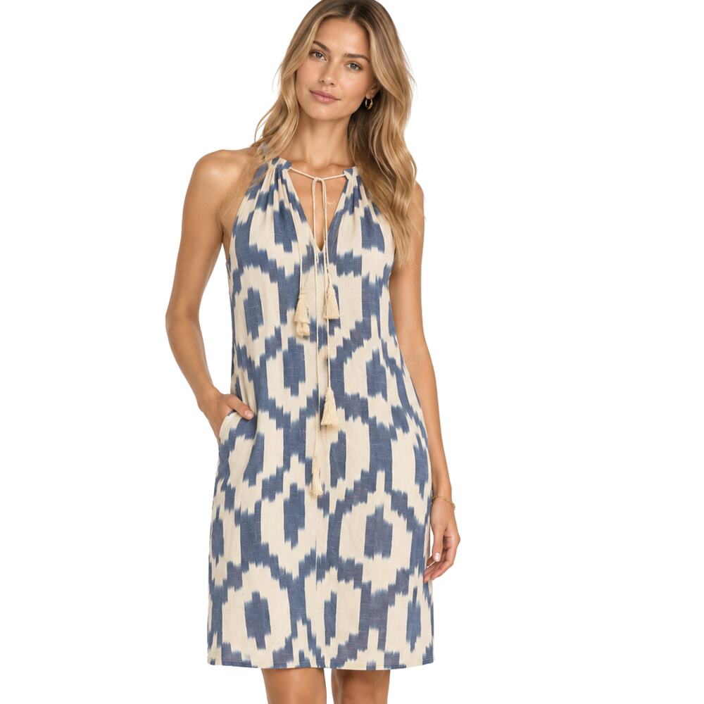 Ralph Lauren Blue Cream Ikat Print Cotton Shift Dress EUC Size 4